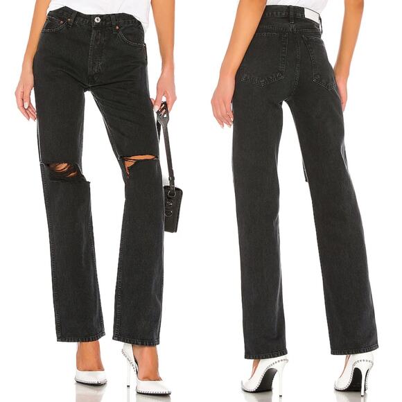 RE/DONE 90s High Rise Loose Jeans Size 26 Washed Black Distressed Ripped - Picture 1 of 10